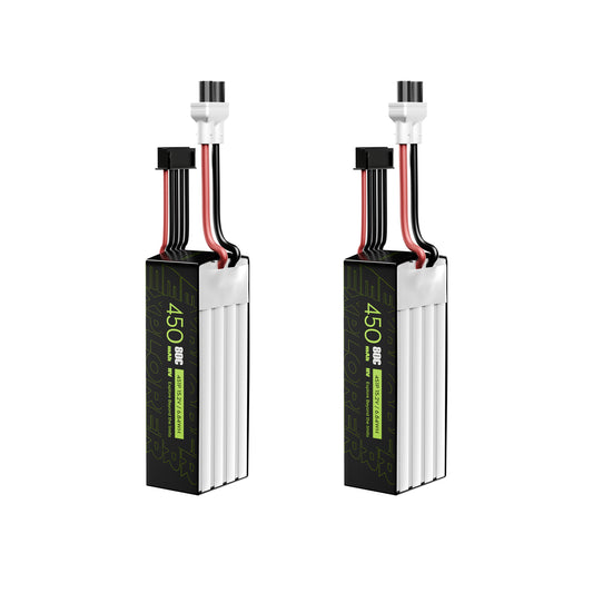 Pair of Flywoo Explorer 450mAh 4S LiHV FPV drone batteries with XT30UP power plug and JST-XHP balance lead