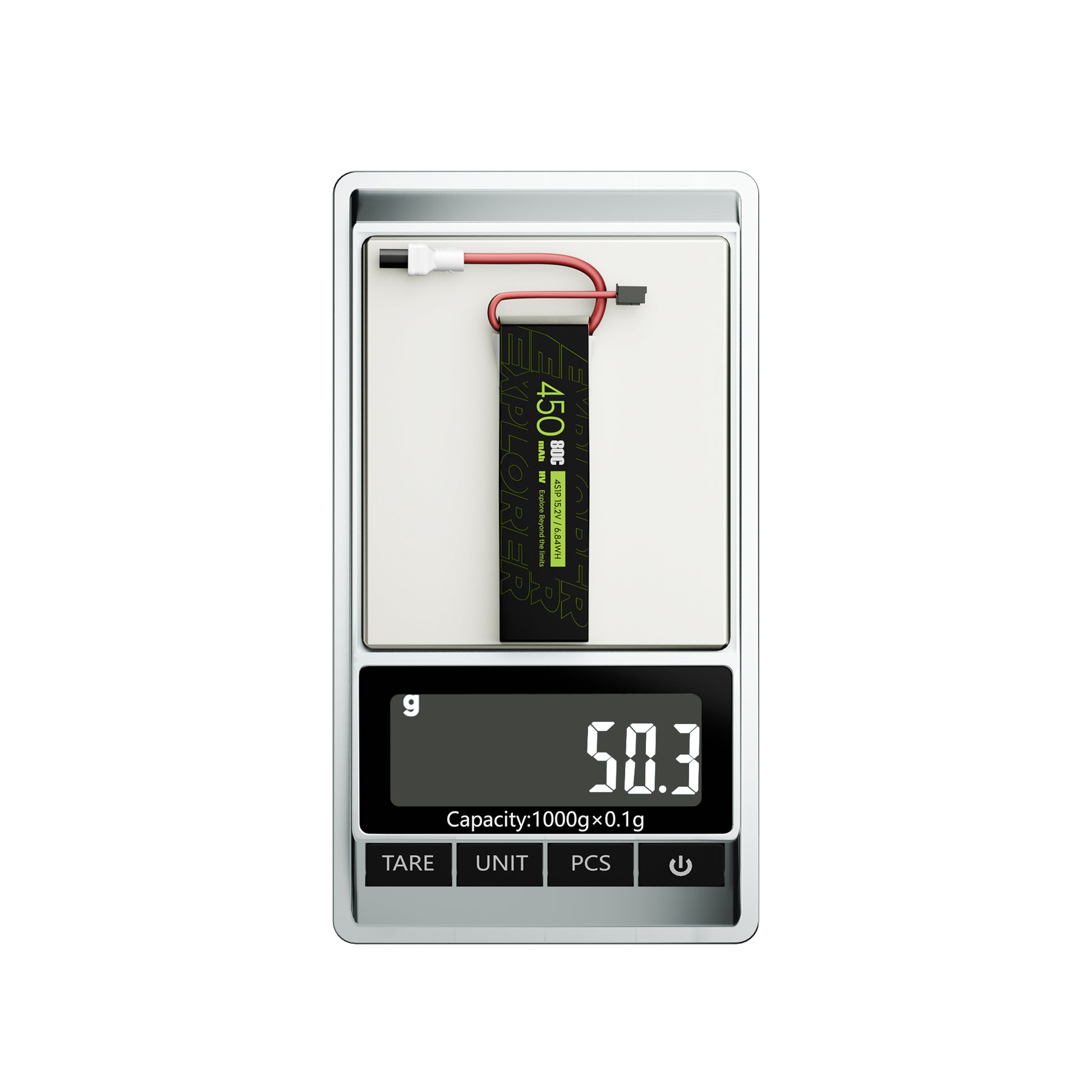 Flywoo Explorer 450mAh 4S LiHV FPV drone battery with balance lead on digital scale reading 50.3g