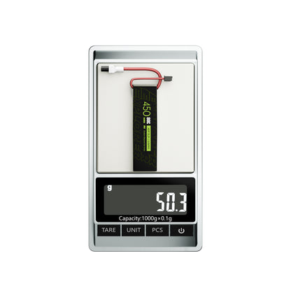 Flywoo Explorer 450mAh 4S LiHV FPV drone battery with balance lead on digital scale reading 50.3g