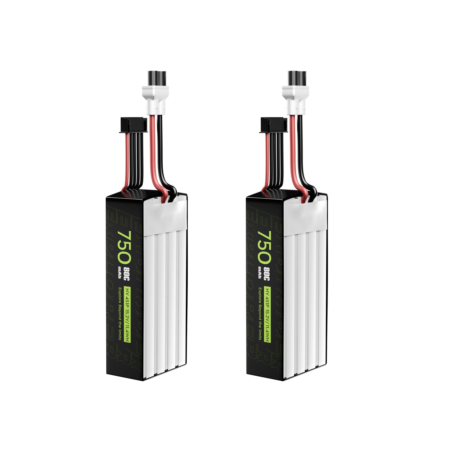 Pair of Flywoo Explorer 750mAh LiHV 4S 15.2V 80C LiPo battery packs with XT30 main lead and 5‑pin balance connector.