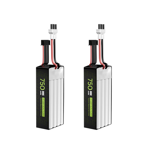 Pair of Flywoo Explorer 750mAh LiHV 4S 15.2V 80C LiPo battery packs with XT30 main lead and 5‑pin balance connector.