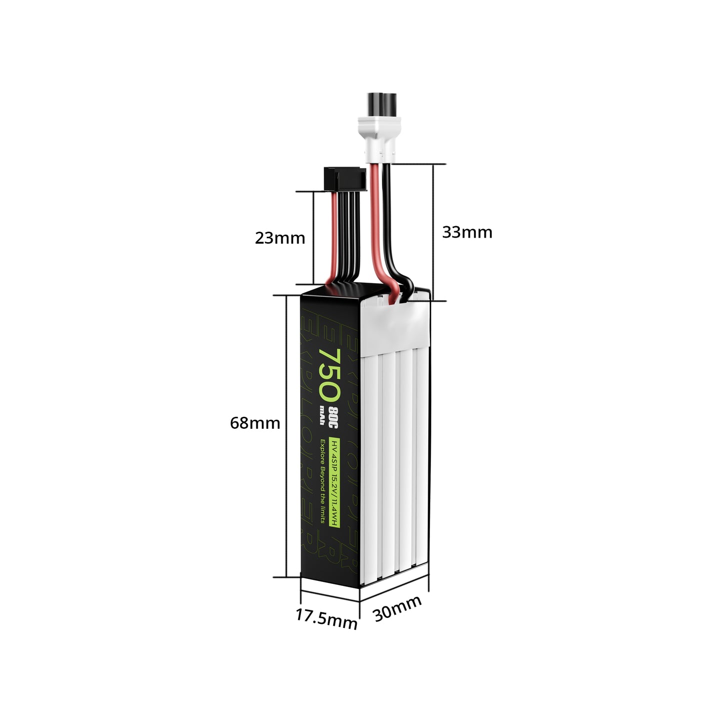 Flywoo Explorer 750mAh 4S LiHV LiPo battery with XT30 plug and balance lead, approx. 68×30×17.5mm