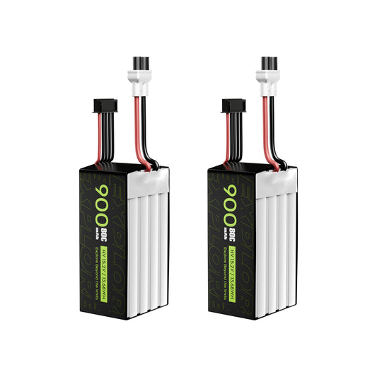 Two Flywoo Explorer 900mAh 4S LiHV 15.2V LiPo battery packs with XT30UP power lead and 5-pin balance plug