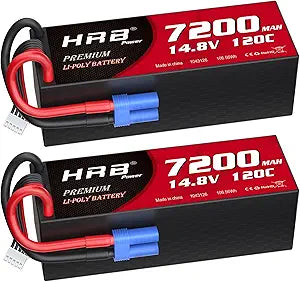 HRB 2-pack 4S 14.8V 7200mAh 120C hardcase LiPo batteries with EC5 plug, top view