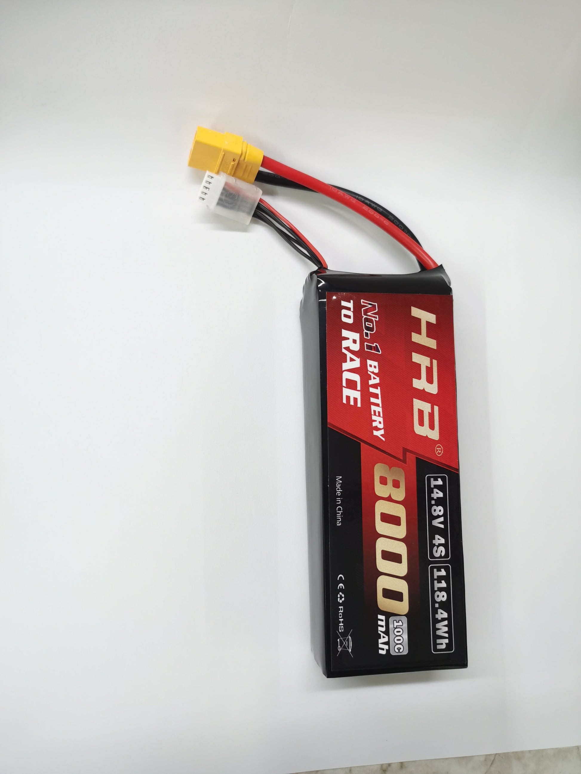 Top-down view of HRB 8000mAh 4S 14.8V LiPo battery showing label and attached power/balance leads