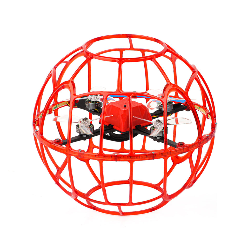 Red protective cage drone with quadcopter frame inside, angled view of ducts and motors