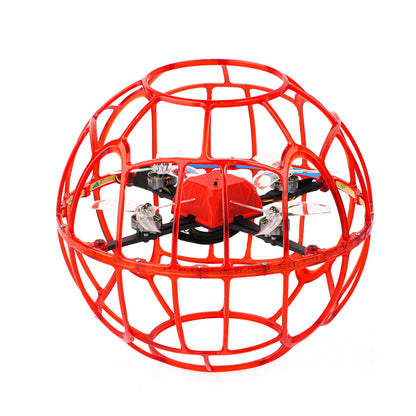 Red protective cage drone with quadcopter frame inside, angled view of ducts and motors