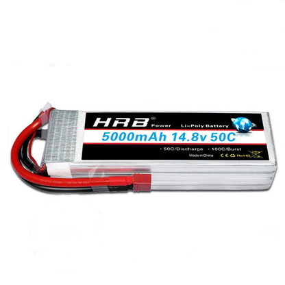 HRB 14.8V 5000mAh LiPo battery shown with red Deans T-style plug and heavy-gauge wires