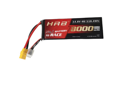 HRB 4S 14.8V 8000mAh 100C LiPo battery pack with yellow XT90 lead and white balance plug