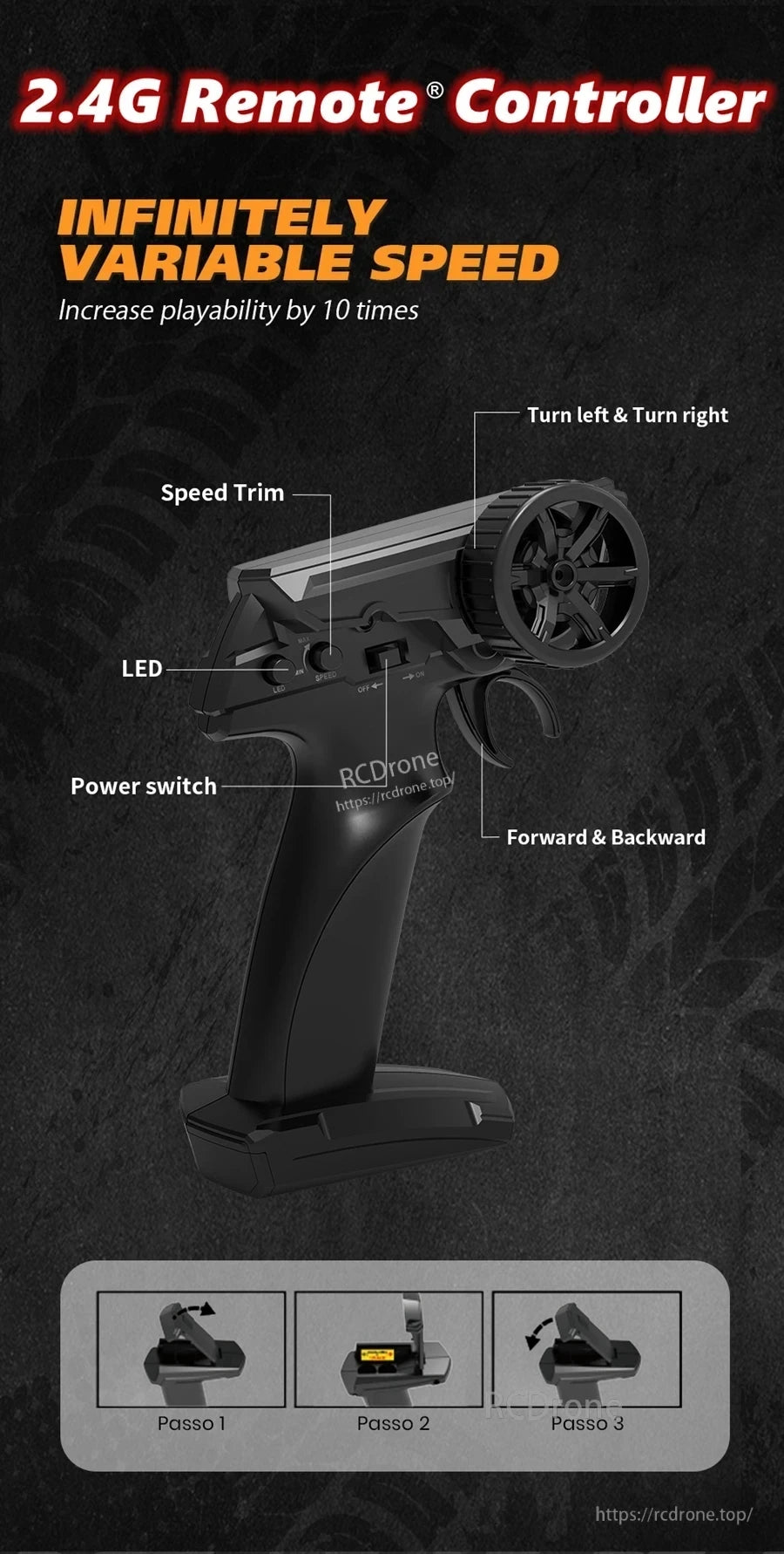 4WD 1:24 Rc Car, 2.4G remote controller with variable speed, power switch, LED, speed trim, and directional controls for precise drone operation.