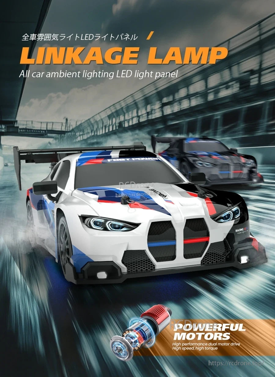 4WD 1:24 Rc Car, Linkage Lamp LED RC car features ambient lighting, dual motors, high speed, and high torque in a 1:24 scale model.