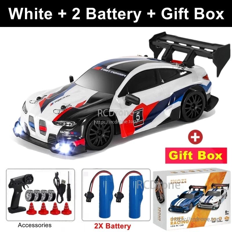 4WD 1:24 Rc Car, White 1:24 RC drift car with two batteries, LED lights, 2.4G remote, high speed, proportional control, gift box, and accessories included.