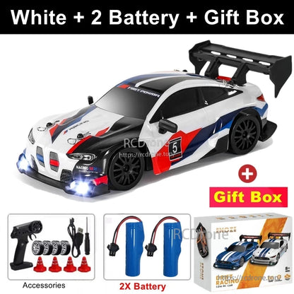 4WD 1:24 Rc Car, White 1:24 RC drift car with two batteries, LED lights, 2.4G remote, high speed, proportional control, gift box, and accessories included.