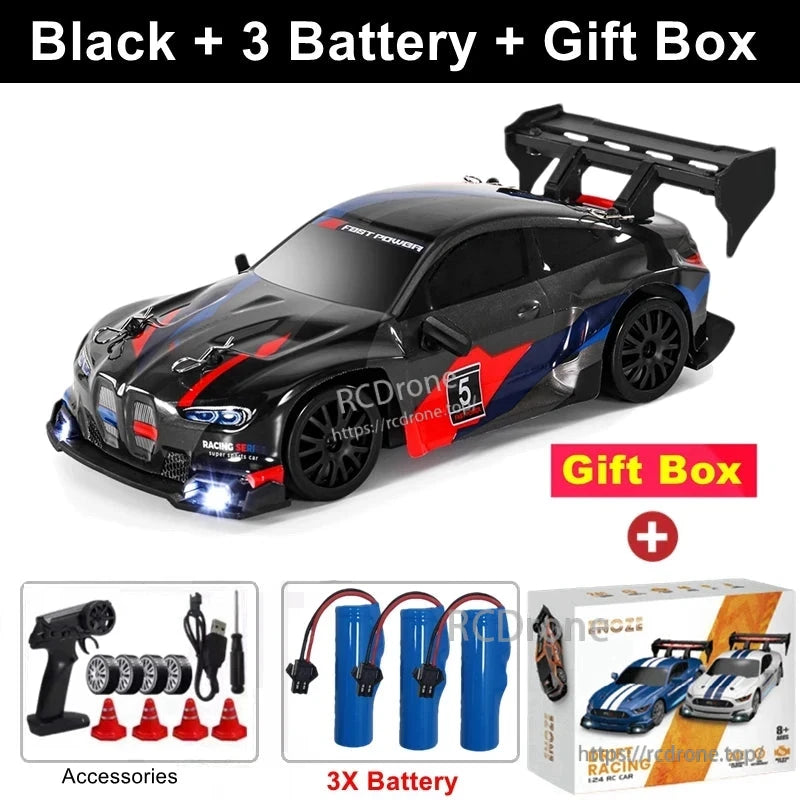 4WD 1:24 Rc Car, Black 1:24 RC car with LED lights, 3 batteries, gift box, accessories, 2.4G remote, high-speed drift racing model—ideal toy for kids and collectors.