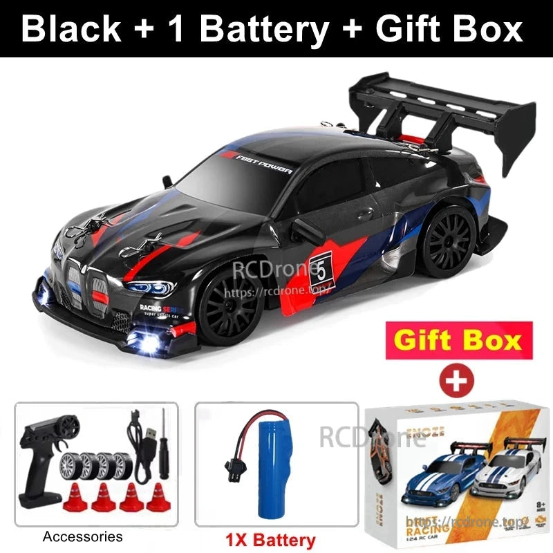 4WD 1:24 Rc Car, 4WD RC car with LED drift racing, 2.4G remote control and high-speed drifting capabilities.