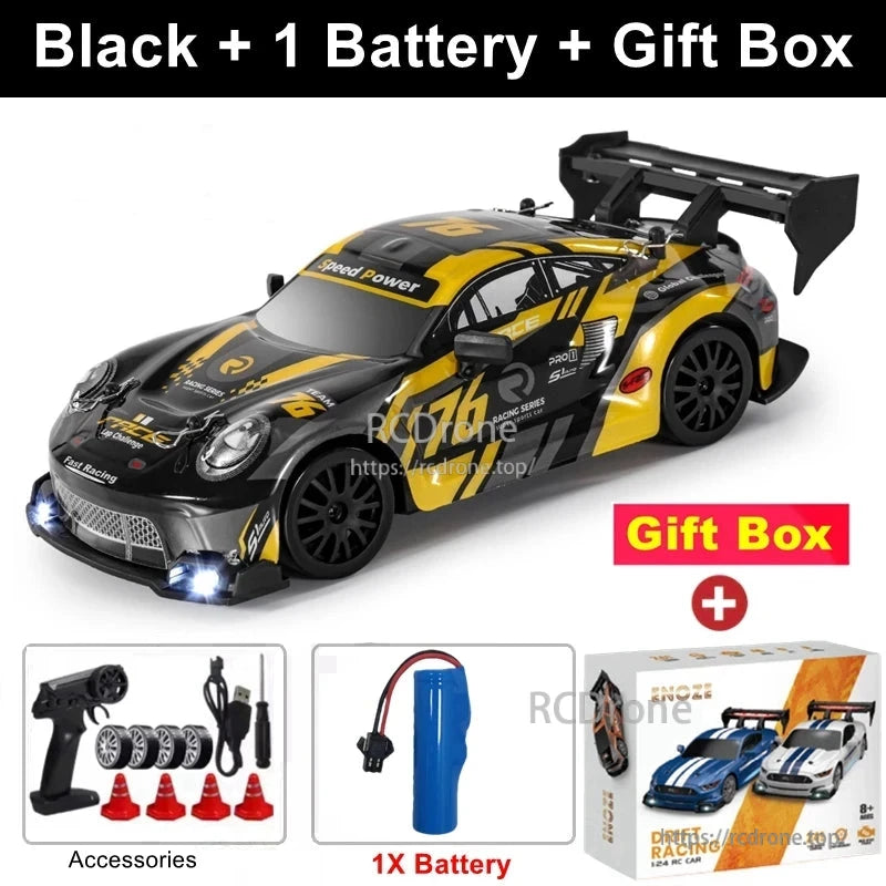4WD 1:24 Rc Car, Black 1:24 scale RC drift car with 4WD, 2.4G remote, LED lights, high speed, battery, and gift box included.