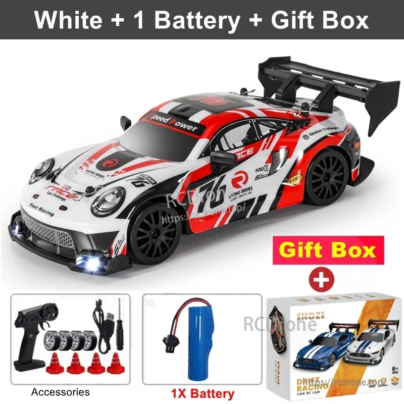 4WD 1:24 Rc Car, White 1:24 scale RC drift car with 4WD, LED lights, 2.4G remote, battery, gift box, and accessories included—ideal for beginners and collectors.