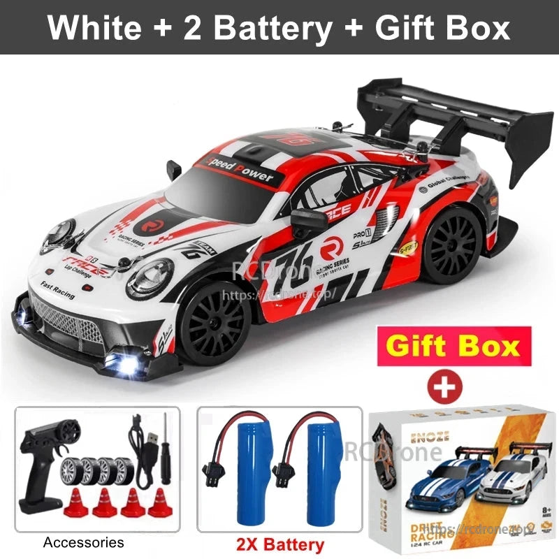 4WD 1:24 Rc Car, White 1:24 RC drift car with 2.4G remote, LED lights, two batteries, accessories, and gift box; reaches over 30 km/h.