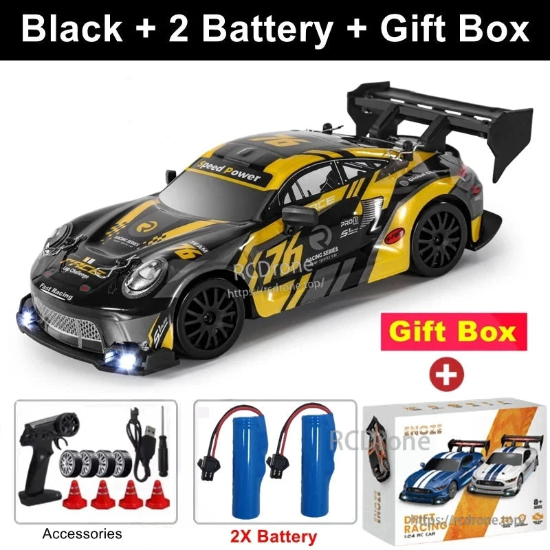 4WD 1:24 Rc Car, Black 1:24 RC car with two batteries, remote, LED lights, accessories, and gift box—high-speed drift racing model perfect for gifts.