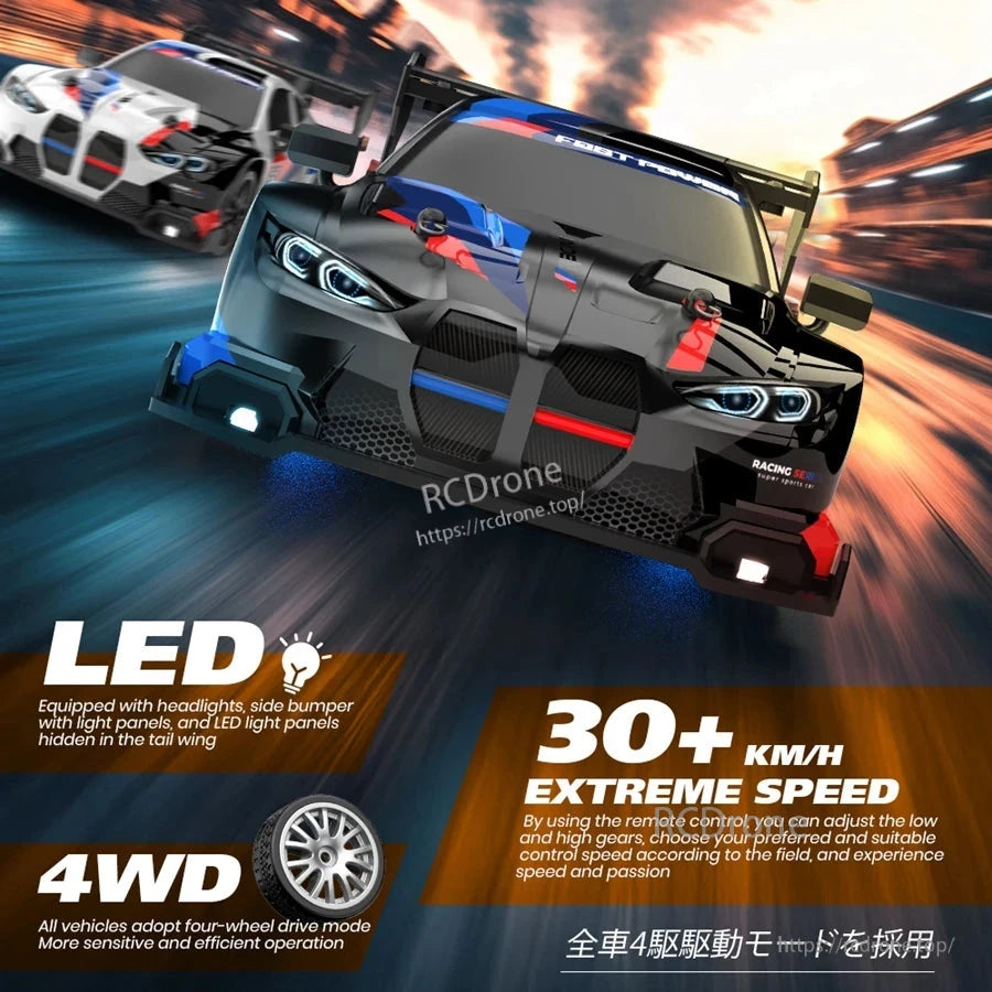 4WD 1:24 Rc Car, High-speed 4WD RC car with LED lights, 30+ km/h, proportional control, 2.4G remote, drift design, and high-performance GTRPRO for efficient racing.