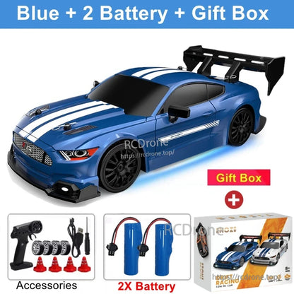 4WD 1:24 Rc Car, Blue 1:24 scale RC car with two batteries, remote control, LED lights, accessories, and gift box—ideal for gifting and fun indoor/outdoor play.