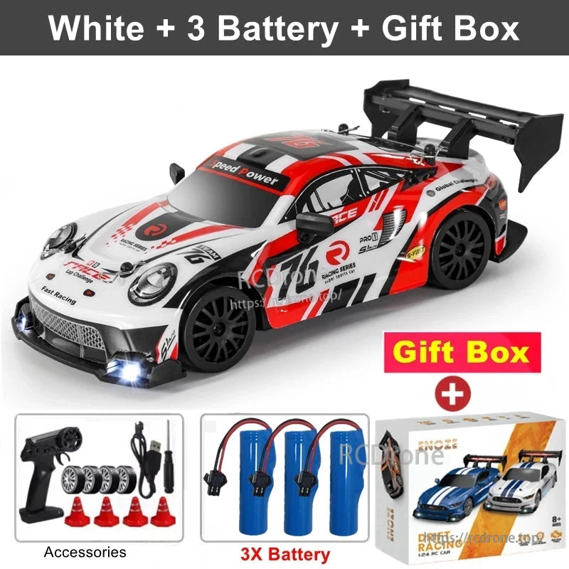 4WD 1:24 Rc Car, White 1:24 RC car with LED lights, 3 batteries, gift box, accessories, 2.4G remote—high-speed drift racing vehicle for thrilling performance and fun.