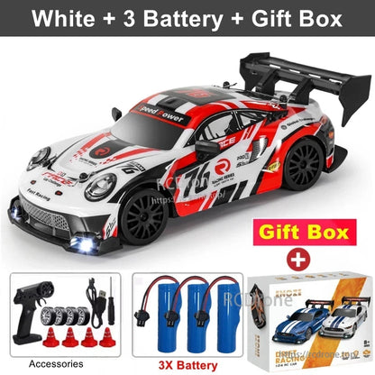4WD 1:24 Rc Car, White 1:24 RC car with LED lights, 3 batteries, gift box, accessories, 2.4G remote—high-speed drift racing vehicle for thrilling performance and fun.