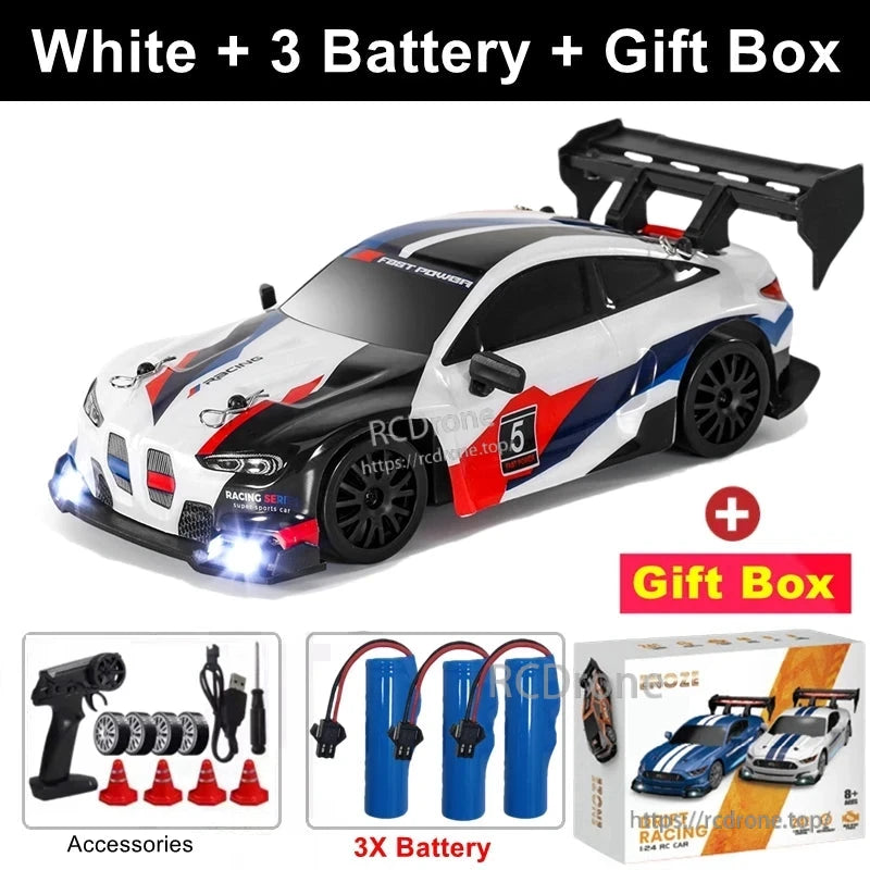 4WD 1:24 Rc Car, White 1:24 scale RC car with three batteries, gift box, accessories, LED lights, and remote control—ideal for gifting and outdoor fun.