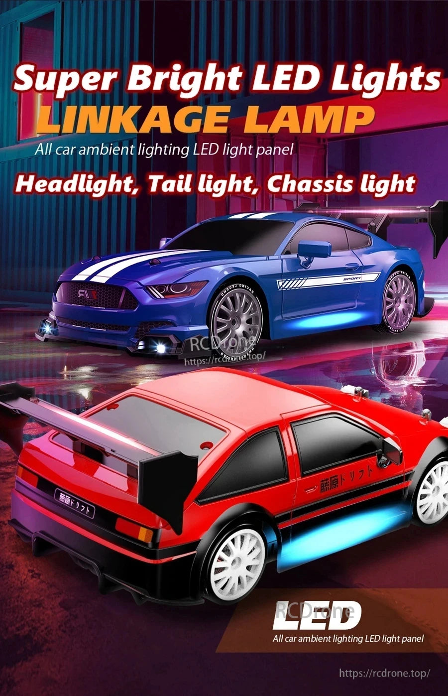 4WD 1:24 Rc Car, Super bright LED lights for RC cars, including headlights, tail lights, and chassis lighting, enhance visibility and realism during nighttime operation.
