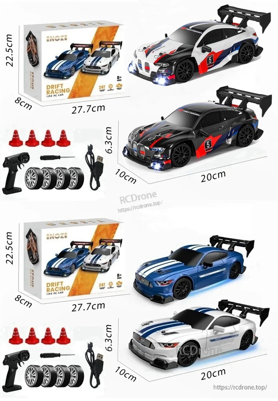 4WD 1:24 Rc Car, 4WD 1:24 RC drift car for ages 8+, includes remote, spare tires, cones, USB cable; dimensions 20x10x6.3cm, box 27.7x22.5x8cm.