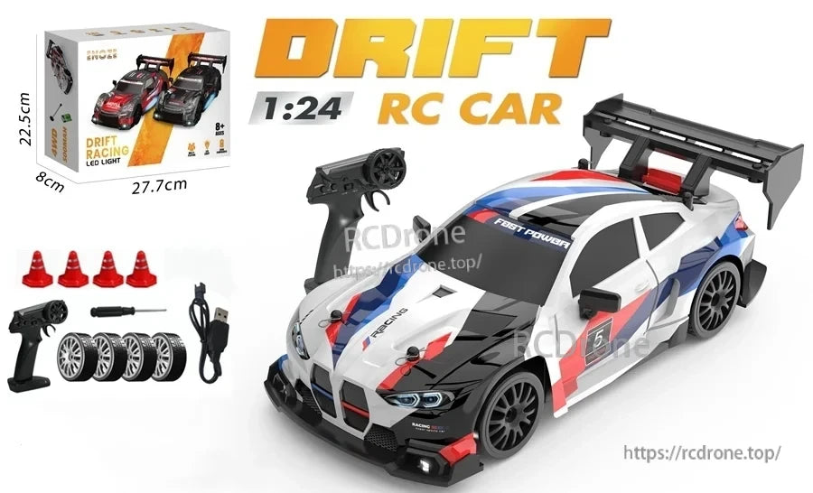 4WD 1:24 Rc Car, 1:24 scale RC drift car with 4WD, LED lights, remote control, includes spare tires and cones for realistic drifting action.