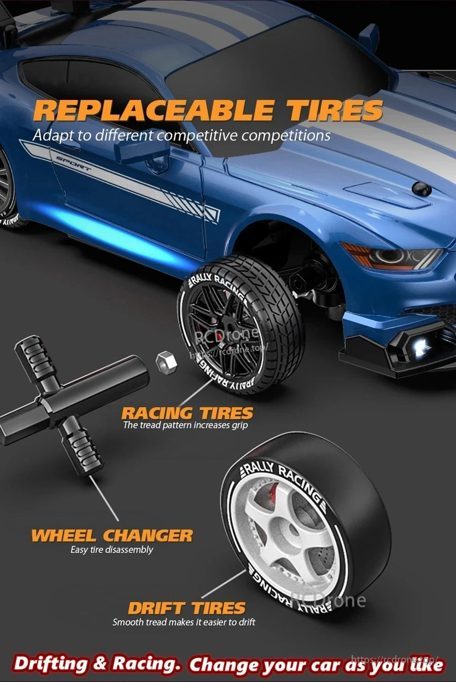 4WD 1:24 Rc Car, Replaceable racing and drift tires offer customized performance; wheel changer enables quick swaps for enhanced grip or smooth drifting.
