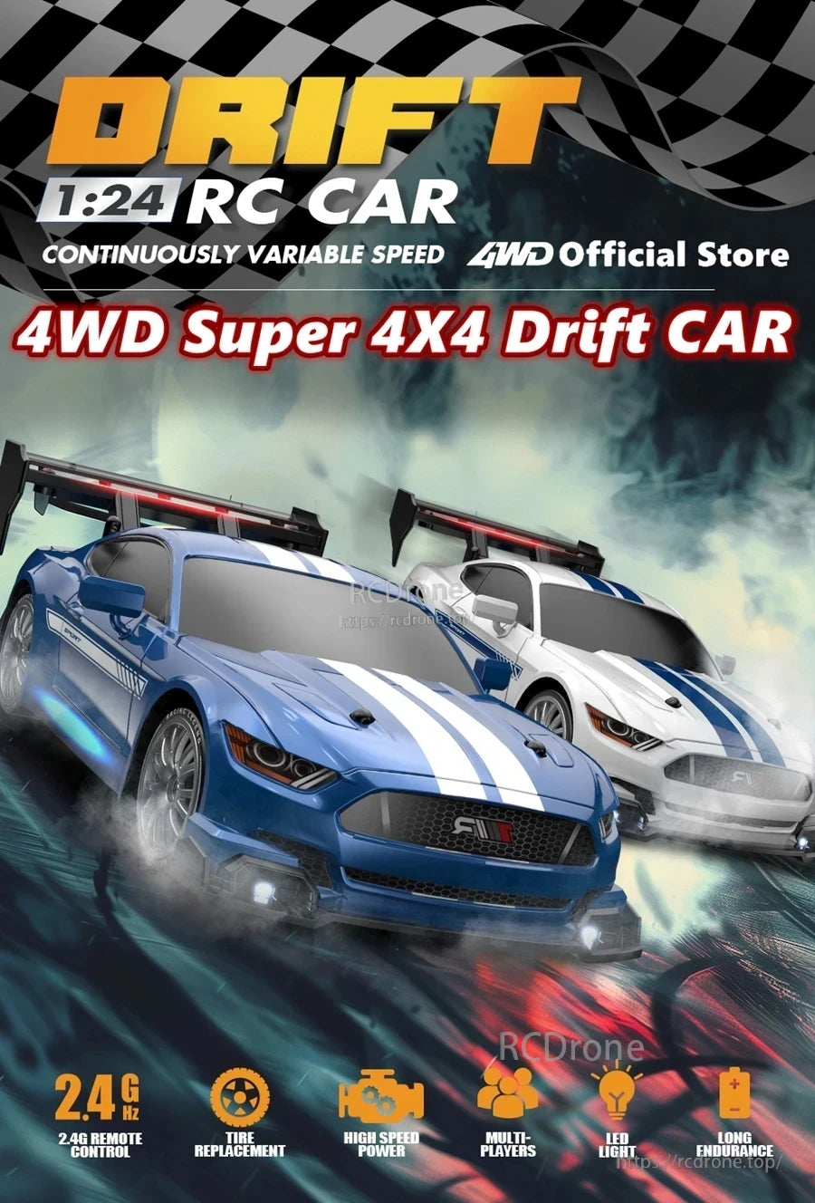 4WD 1:24 Rc Car, 4WD 1:24 RC drift car with variable speed, 2.4G control, LED lights, long battery life, high-speed performance, multi-player capability, and replaceable tires.