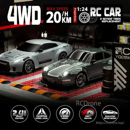 4WD Remote Control Car, 4WD RC car, 1:24 scale, 20 km/h max speed, 2.4GHz control, 2-speed modes, drift, LED lights, retro design, 2 tire sets, collectible model.
