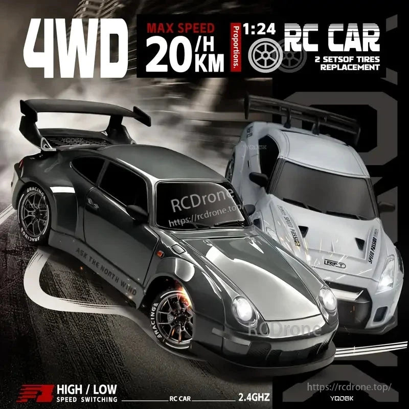 4WD Remote Control Car, 4WD RC car with 20 km/h max speed, 2.4GHz, LED lights, 2 tire sets, turbo acceleration, racing design for all ages.