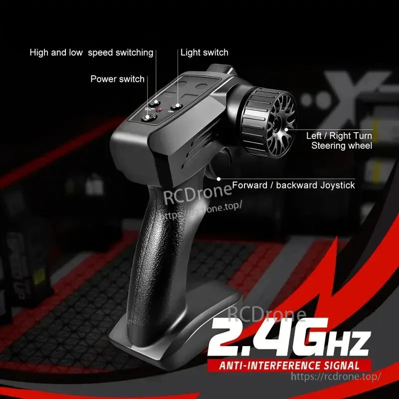 4WD Remote Control Car, 2.4GHz remote control with anti-interference signal, featuring speed, light, power switches, steering wheel, and joystick.