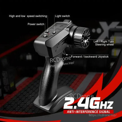 4WD Remote Control Car, 2.4GHz remote control with anti-interference signal, featuring speed, light, power switches, steering wheel, and joystick.