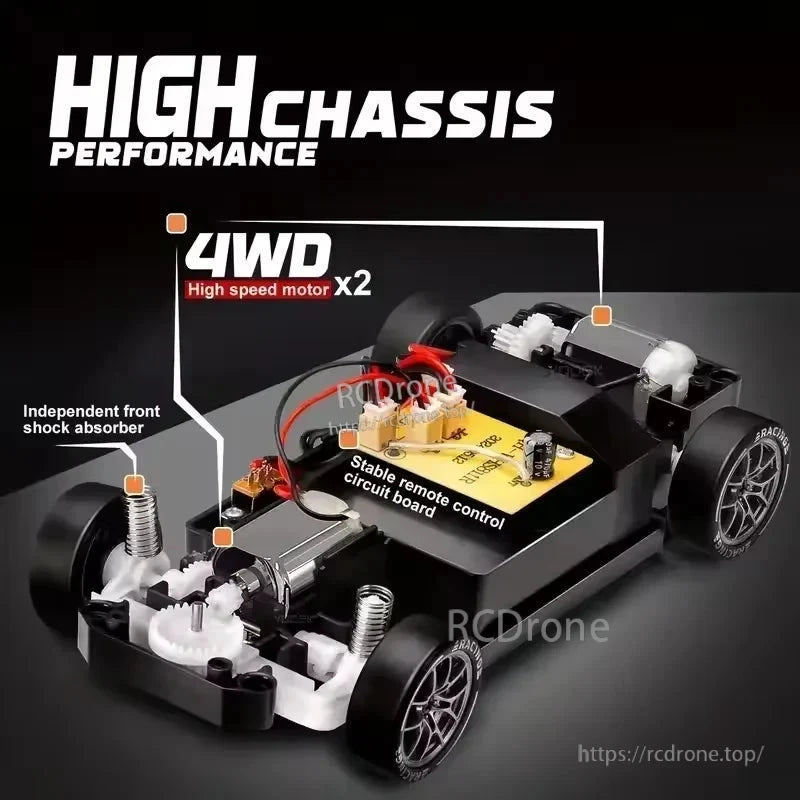 4WD Remote Control Car, High-performance 4WD RC car featuring dual motors, shock absorbers, and stable remote control.