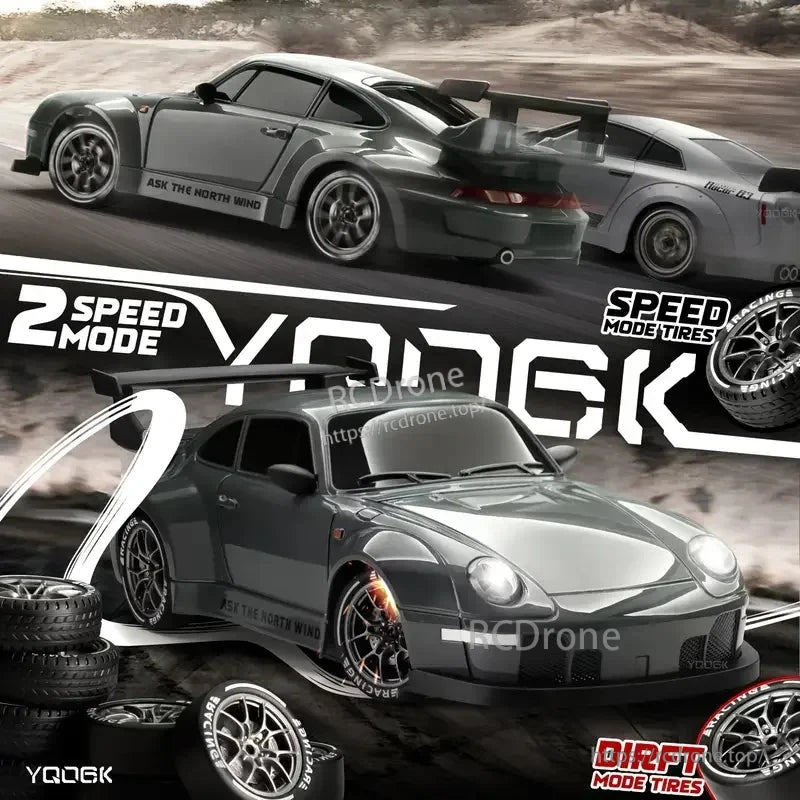4WD Remote Control Car, 4WD RC drift car with 2-speed mode, LED lights, high speed turbo, and racing tires for kids and adults.