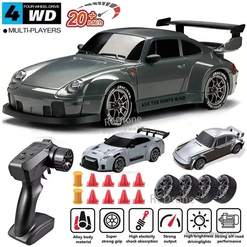 4WD Remote Control Car, 4WD RC drift car: 20+ km/h speed, alloy body, LED lights, 2-speed turbo, strong off-road, remote control.