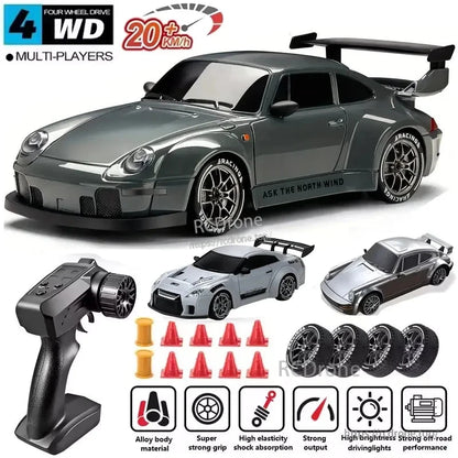 4WD Remote Control Car, 4WD RC drift car: 20+ km/h speed, alloy body, LED lights, 2-speed turbo, strong off-road, remote control.