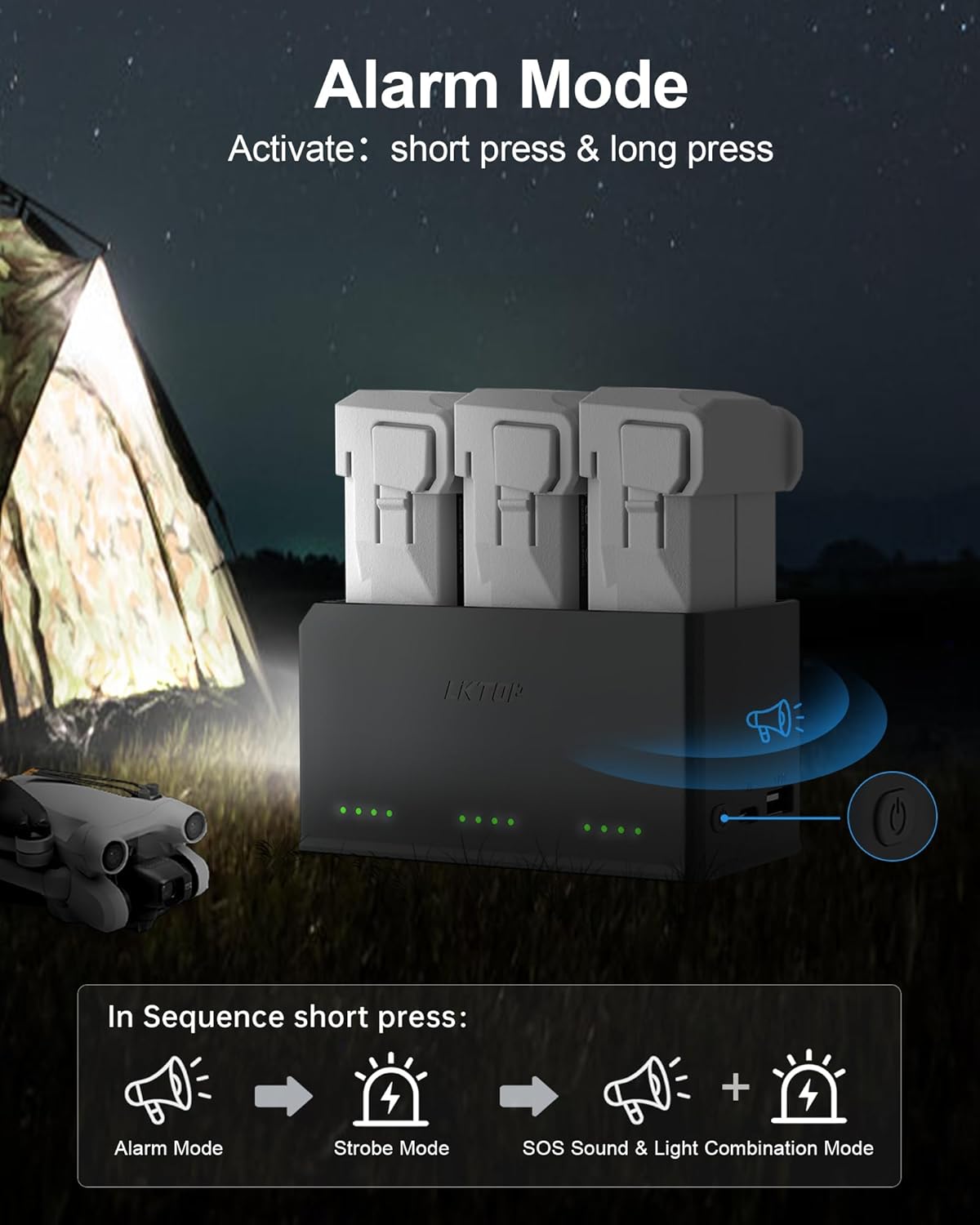 Charging hub has alarm, strobe, SOS modes via button presses.