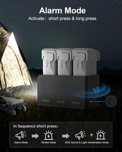 Charging hub has alarm, strobe, SOS modes via button presses.