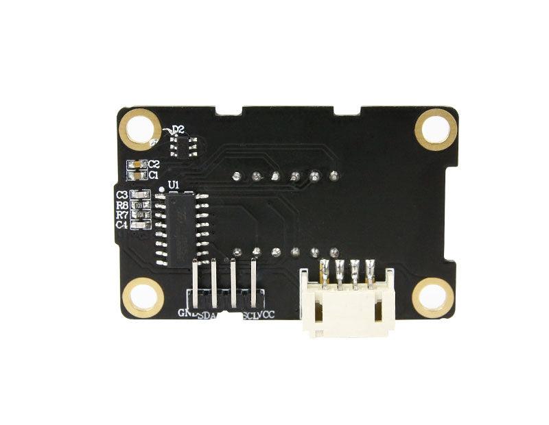 Back view of YB-MVL03 digital tube module showing TM1650 IC, solder pads, and 4-pin PH2.0 connector