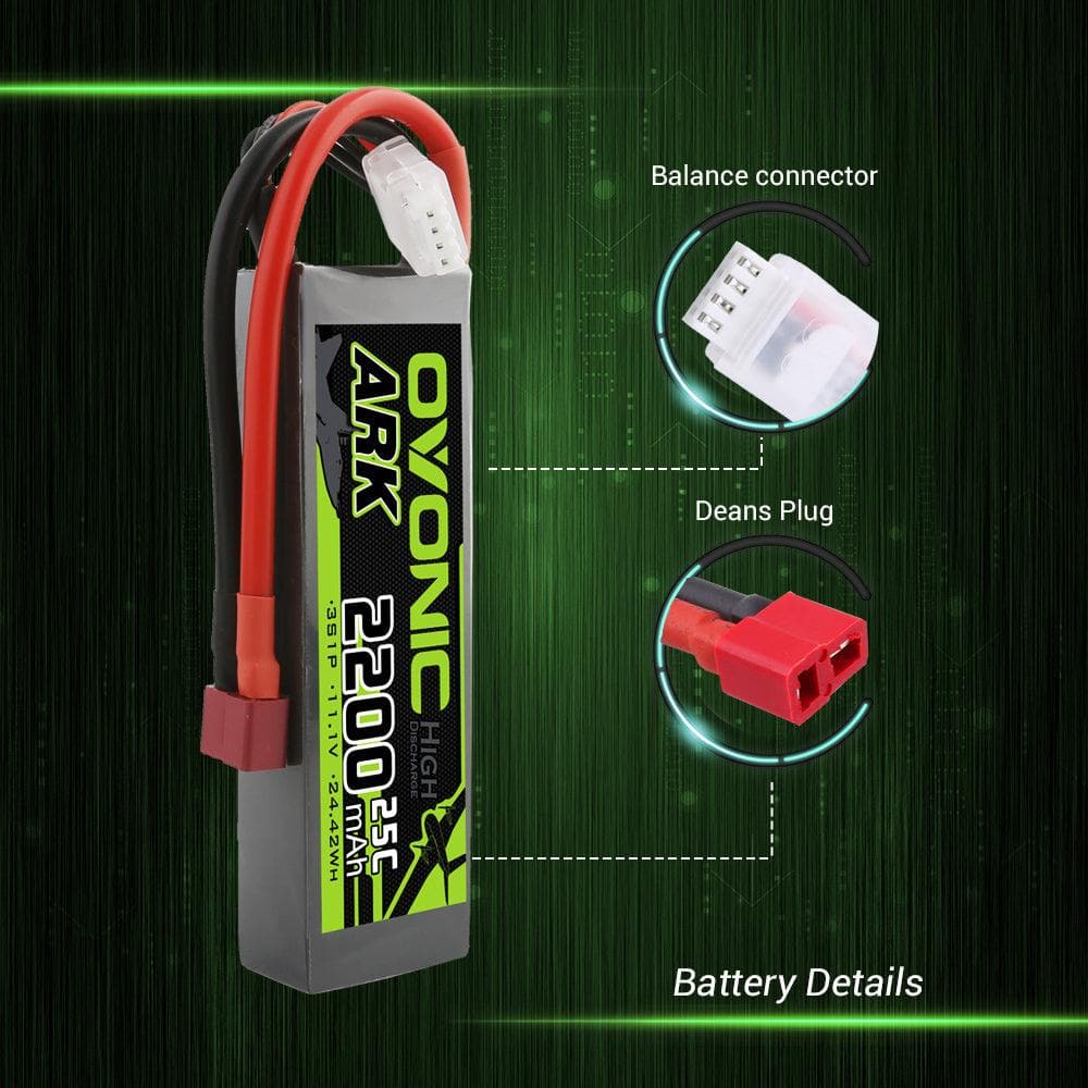 Ovonic ARK LiPo battery details showing JST-XH balance connector and Deans plug close-up graphic