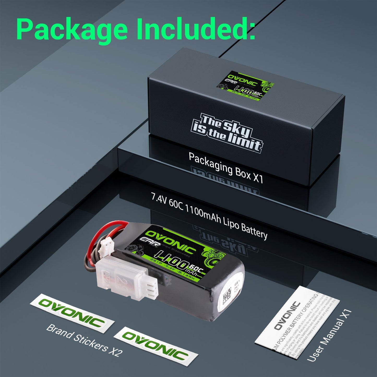 Ovonic 2S 1100mAh 60C 7.4V Batteria LiPo con connettore JSTPHR