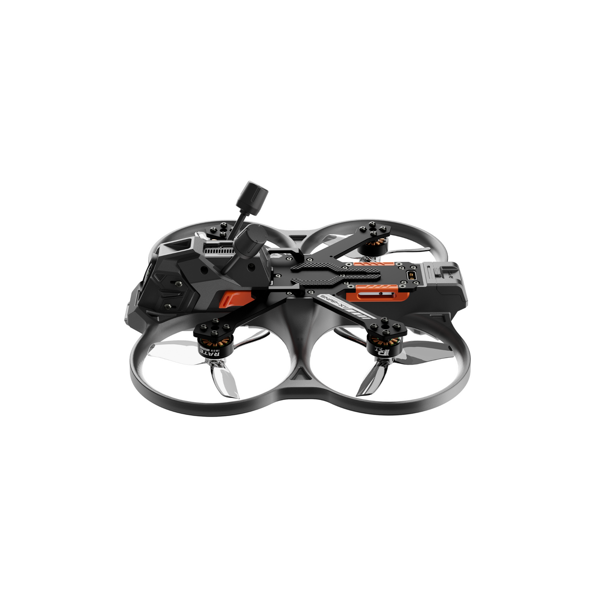 RATEFPV FPV drone with four ducted propeller guards, a compact black frame, and orange accents