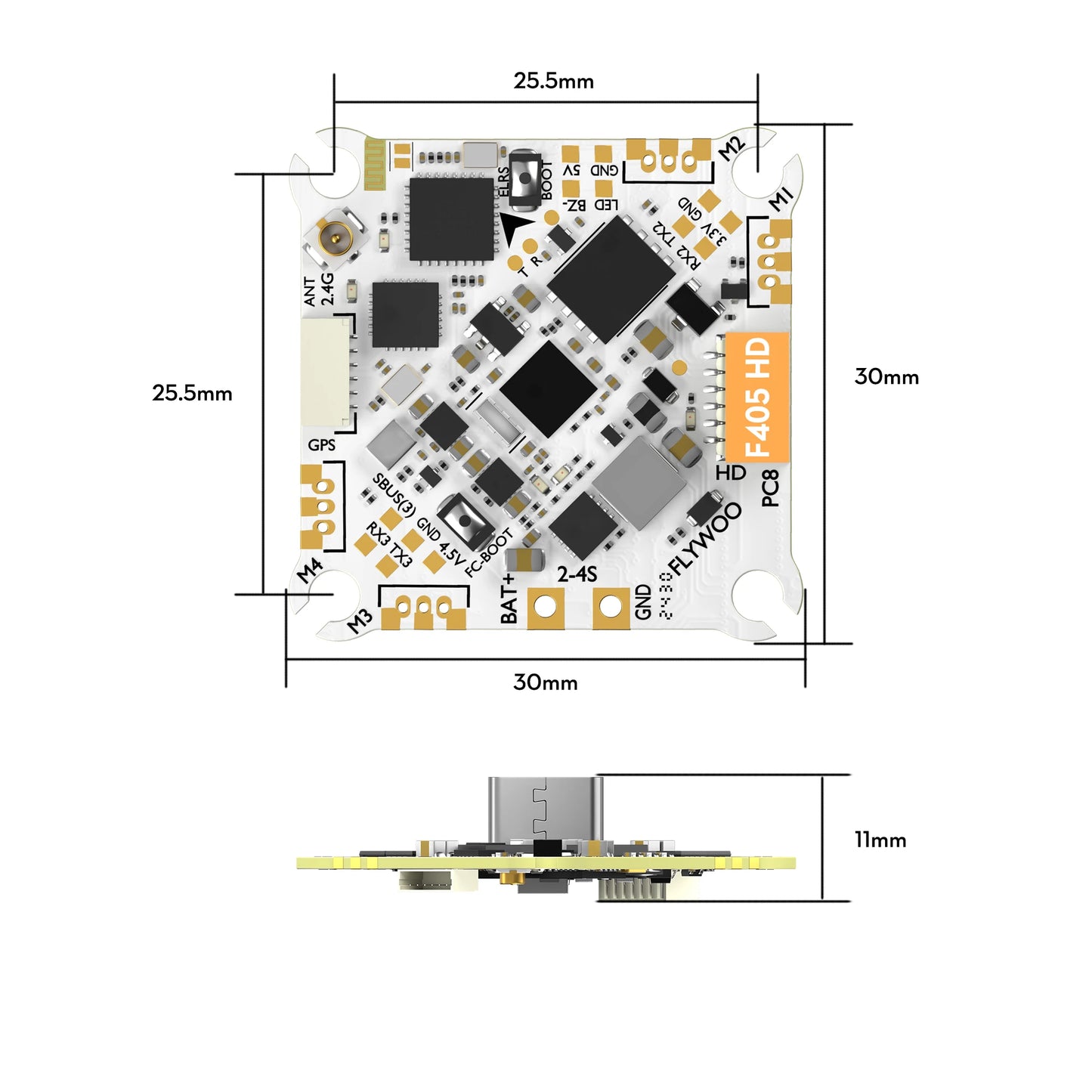 Flywoo GOKU F405 HD AIO flight controller board with 30x30mm size, 25.5mm mounting, and labeled 2.4G antenna pads