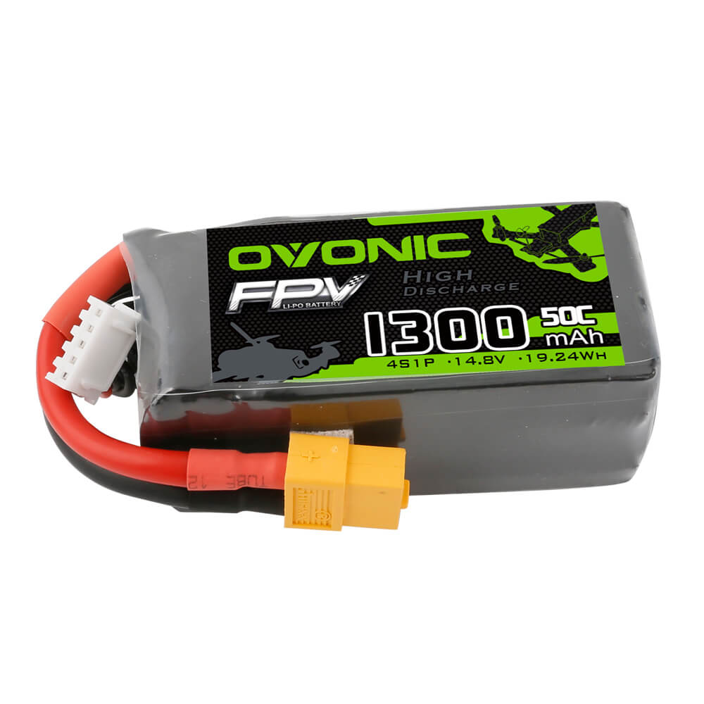 Front label close-up of OVONIC FPV 1300mAh 50C battery pack with XT60 and balance connector
