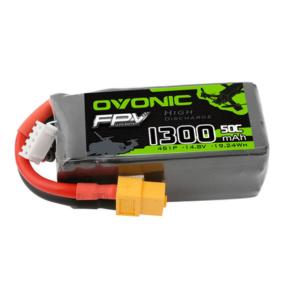 Front label close-up of OVONIC FPV 1300mAh 50C battery pack with XT60 and balance connector